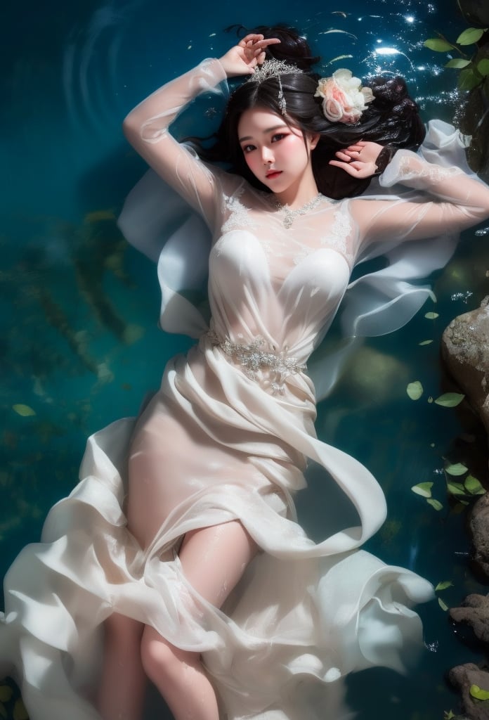 1 beauty lying in the water in a beautiful style, her skin is (wet), she wears tight short bridal dress, see-through, (with head), hair and dress flowing in the water, from above, (look at viewer:1.1), (solo), masterpieces, best quality, high resolution, bright scene, soft color, low contrast, (ripples, sparkling:1.2),