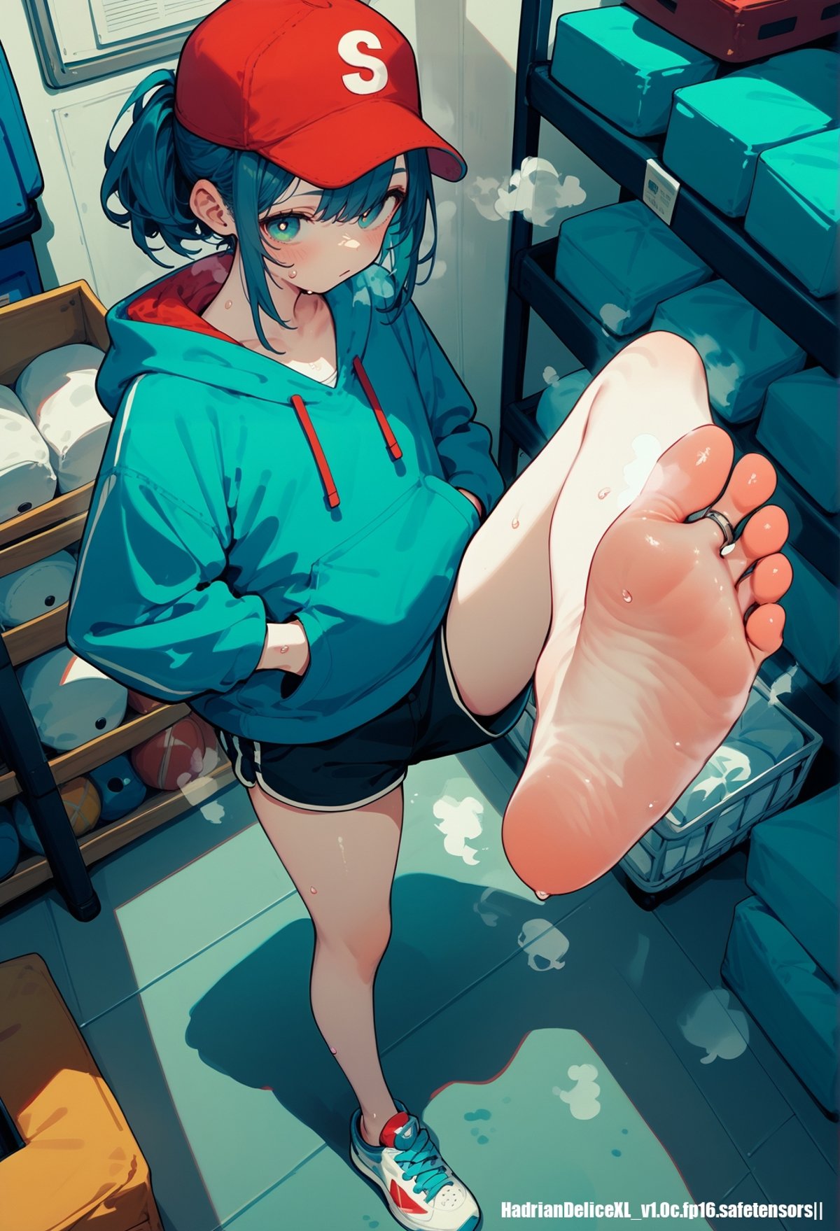 (score_10,score_9_up,score_8_up), hadrian, (standing and show foot,standing and show sole,from above,standing,foot focus,leg up,fish eye,standing on one leg),   gym storeroom, hoodie,baseball cap,hands in pockets,micro shorts,steaming and sweat foot