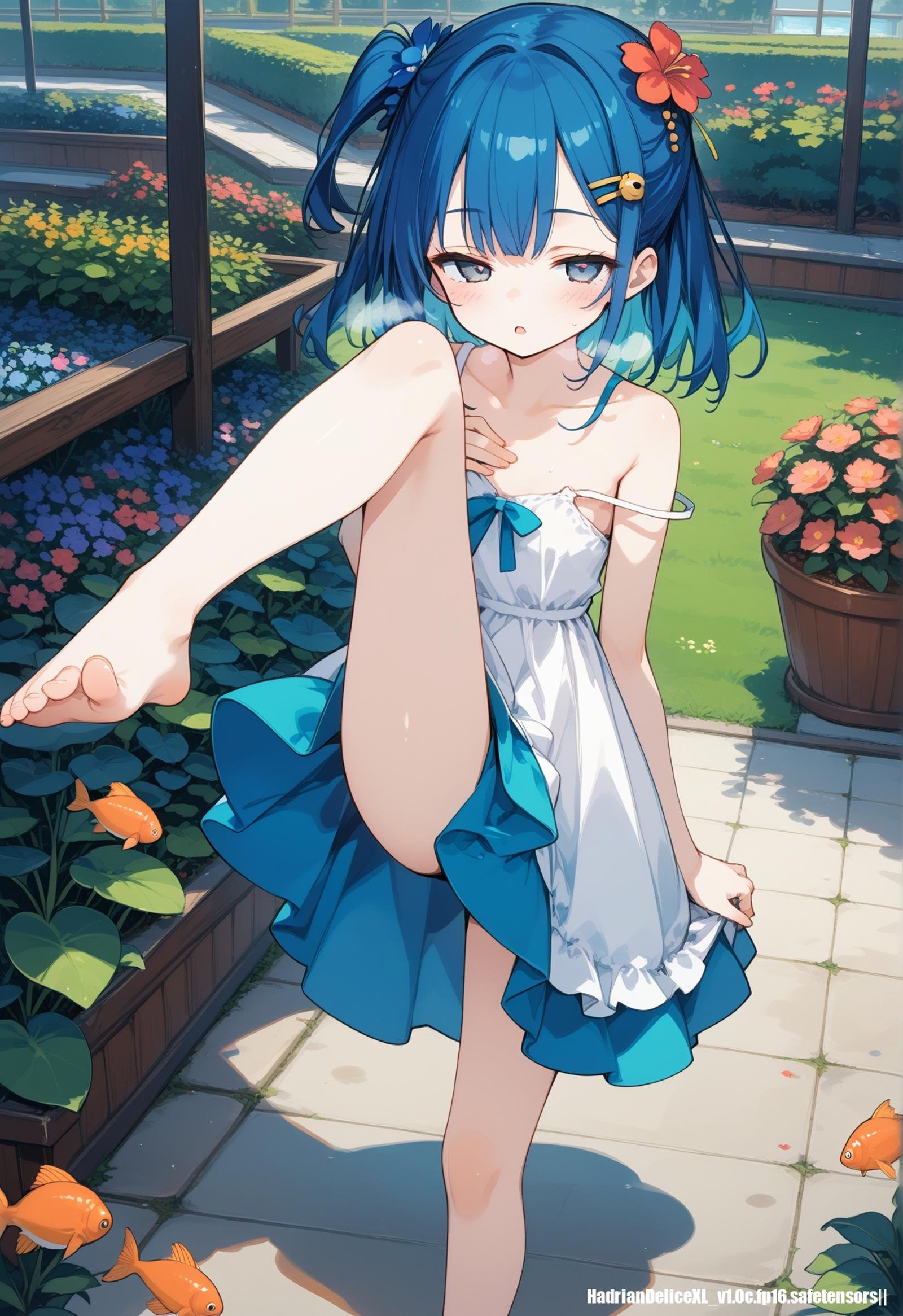 (slim,thin,skinny), hadrian, standing and show foot,standing and show sole,from above,standing,foot focus,leg up,fish eye,standing on one leg,   hamao style,1 cute girl,garden,surrounded by flowers,sundress,strap slip,blue hair,hair flower,hair pin,hand on own chest, big bow,looking at viewer,:<,open mouth, expressionless, one side up, heart,blush,tong_out,half-closed eyes, heavy breathing,