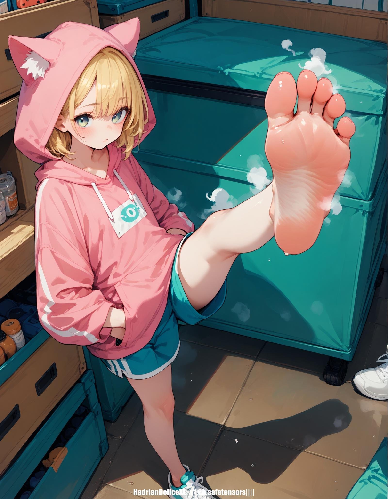 score_10,score_9_up,score_8_up,score_7_up, hadrian, (standing and show foot,standing and show sole,from above,foot focus,leg up,fish eye,standing on one leg),   gym storeroom, hoodie,hands in pockets,micro shorts,steaming foot,pink hoodie,cat hood up,oversized clothes, blonde