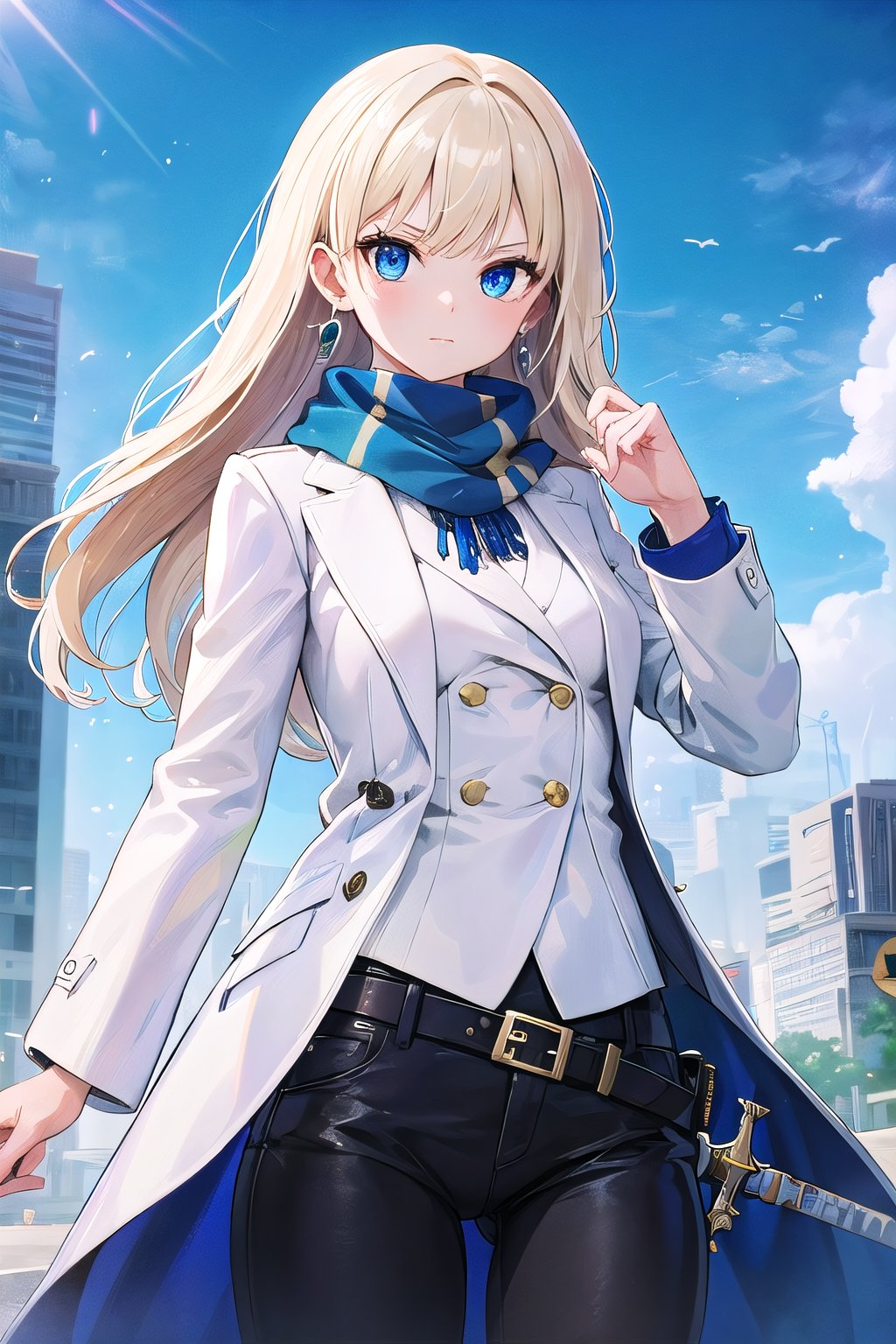 1girl, solo, long hair, looking at viewer, bangs, blue eyes, blond hair, shirt, long sleeves, jewelry, closed mouth, jacket, weapon, earrings, belt, sword, coat, blue scarf, white jacket, grip hand, ,Aricia Branch