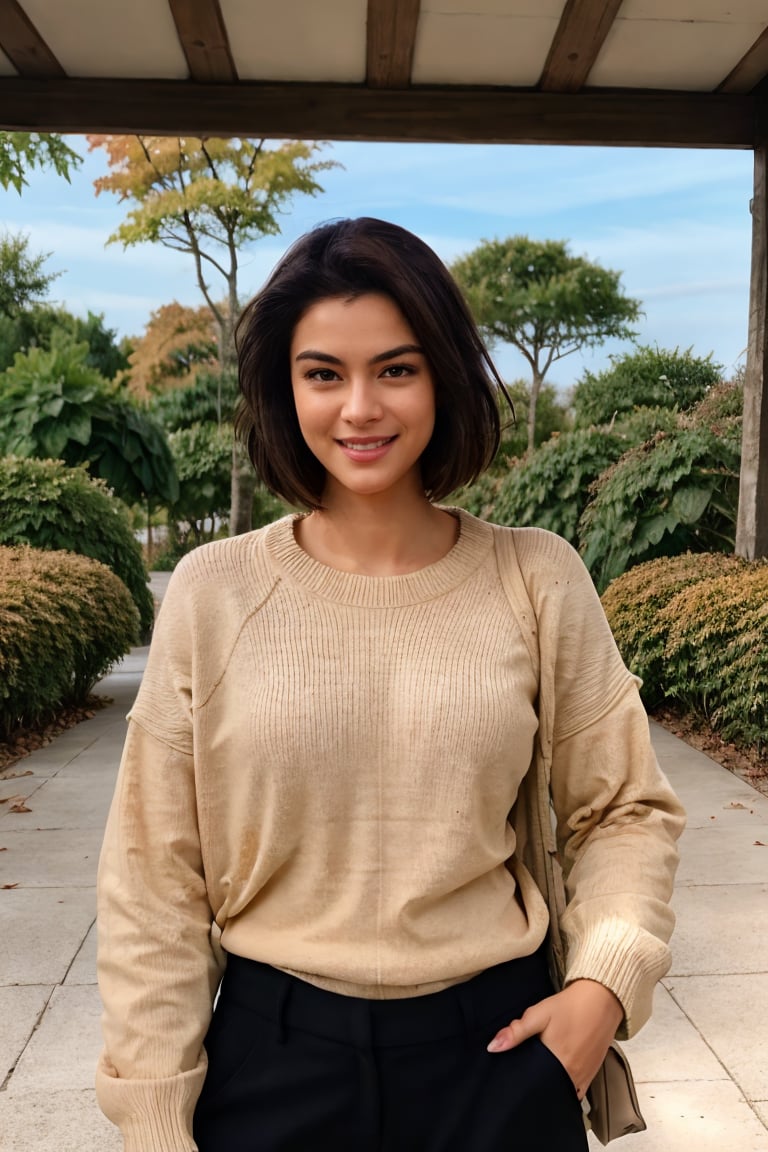 Generate hyper realistic image of a smiling  woman standing outdoors, her short brown hair gently swaying in the autumn breeze. She wears a sweater with long sleeves, black pants, and black footwear., a tall tree with leaves turning golden. The air is crisp, and a single leaf flutters down.photorealistic,detailed face