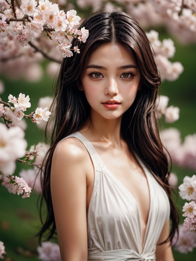 Hasselblad Style, Hasselblad Lens Style, Film Grain, Film Style, ultra-realistic portrait of a gorgeous young girl standing in front of a flowering tree, petals, natural skin, beautiful face, playful body, playful face, cherry blossom sunny background, natural skin, nature goddess, 