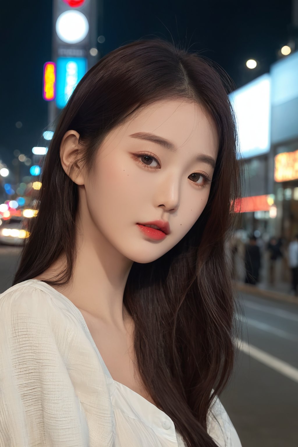 hubggirl, (Cinematic Aesthetic:1.4) Photo of a beautiful korean fashion model bokeh city night