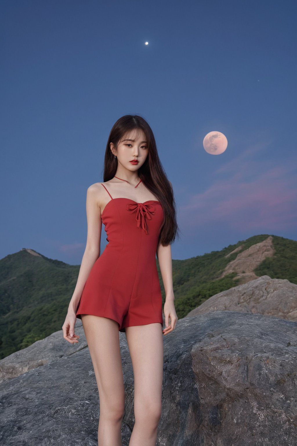 hubggirl,  (Cinematic Aesthetic:1.4) ,
Cinematic Photo of a beautiful sexy korean fashion model,
full body shot, 
ultra-wide angle, depth of field, hyper detailed ,
A short Korean girl with long straight hair is looking down from the top of a mountain as a large red moon sets at the end of the horizon.