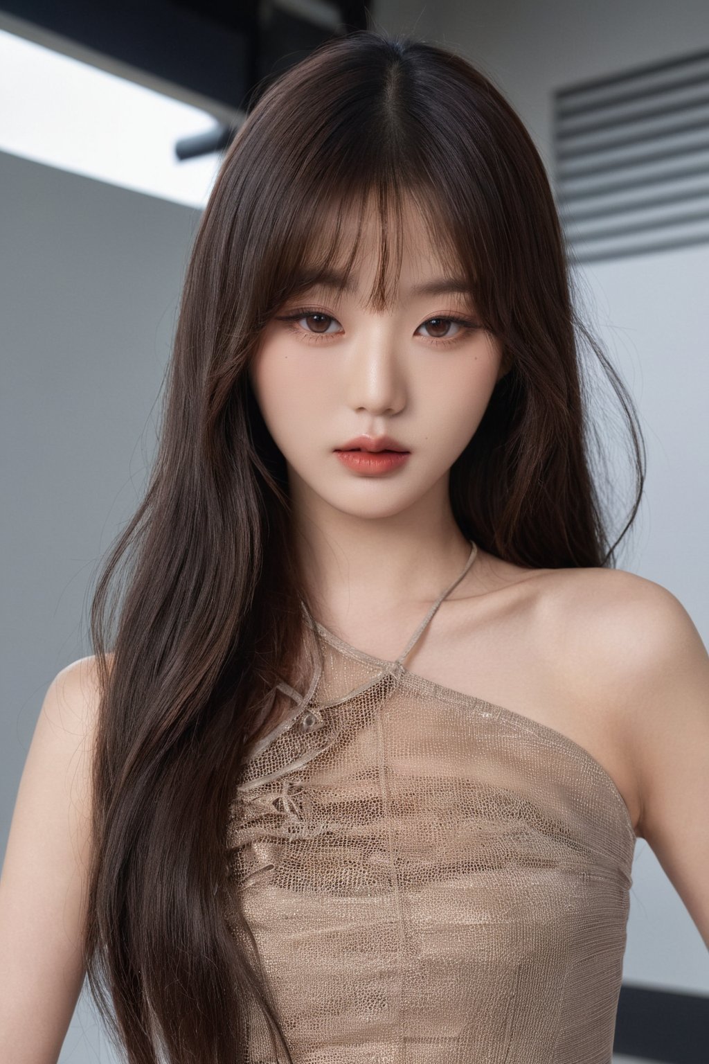 hubggirl,  (Cinematic Aesthetic:1.4) ,
Cinematic Photo of a beautiful sexy korean fashion model,
full body shot, 

long hair, make up, sexy, mesh, looking at viewer, bangs, bronze hair, brown eyes, parted lips, blunt bangs, lips,

ultra-wide angle, depth of field, hyper detailed ,