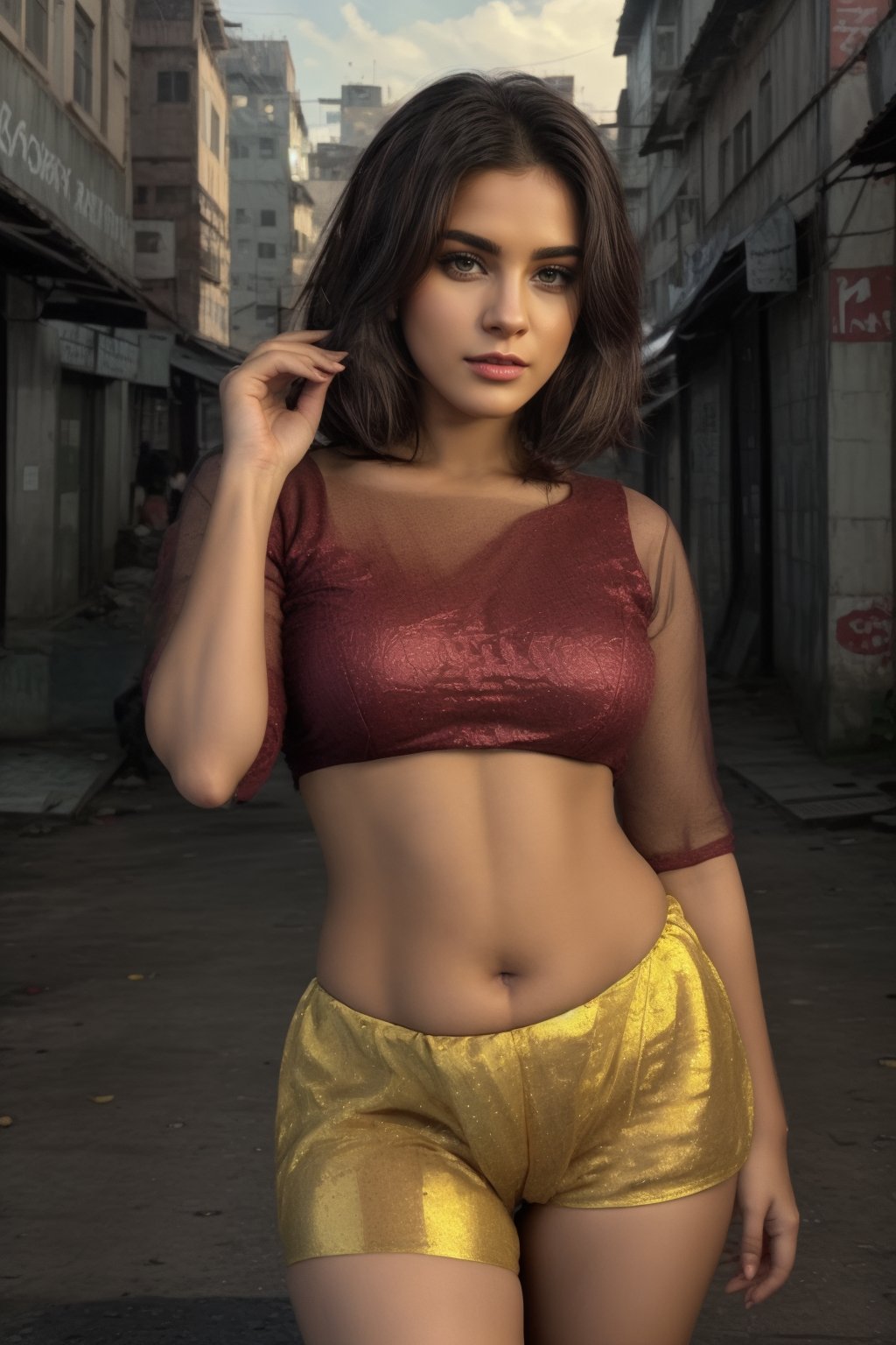 Big navel, A stunning short hair woman, plump women, 28year old, posing confidently in a modern city setting, captured by a professional photographer. She wears a silky, midriff, red long blouse, paired with hot and short hotpant, that accentuate her attractive features. Her  perfect eyes are the focal point of the shot, framed by her symmetrycal face. The yellow hue of the city's architecture provides a vibrant contrast to her stunning looks. As she poses, sultry,AnastasiaCebulska,T shape navel ,plump,Indian,Mallu 