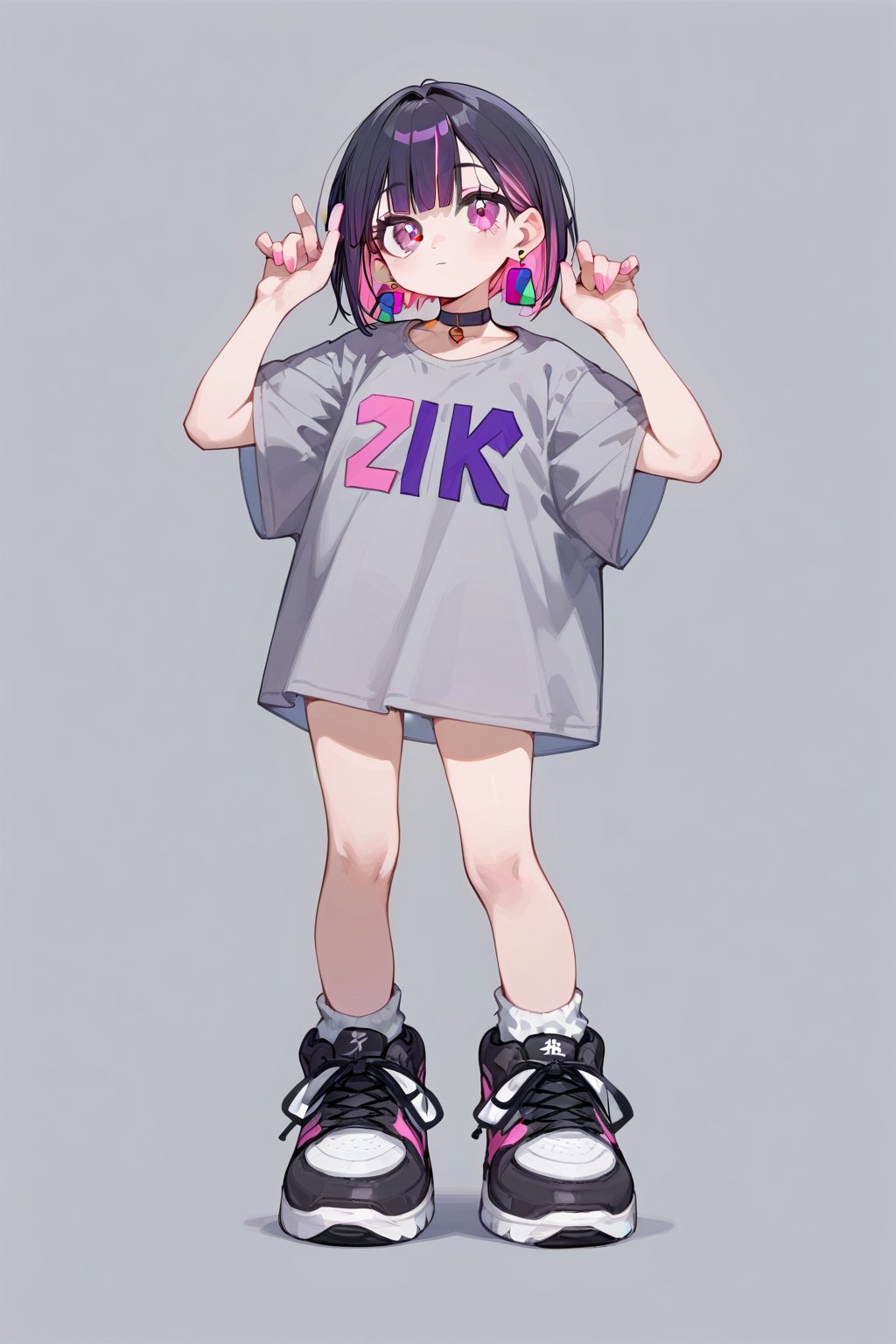 score_9_up,score_8_up, source_anime, (solo),1girl,

,short hair, bangs, simple background, shirt, black hair, jewelry, closed mouth, standing, purple eyes, full body, pink hair, purple hair, short sleeves, multicolored hair, earrings, shoes, choker, socks, pink eyes, grey background, black footwear, two-tone hair, hands up, white socks, sneakers, grey shirt,

,Nira-Chan-StudyMe,