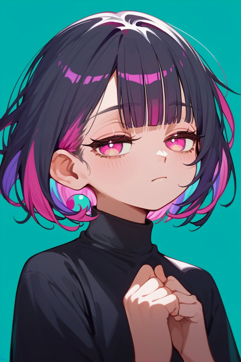 score_9_up,score_8_up, source_anime,solo,1girl,(cyan_background),

 ,short hair, blunt bangs, black hair, closed mouth, pink eyes, purple hair, multicolored hair, two-tone hair,half closed eyes,cowboy_shot,

,Nira-Chan-StudyMe,