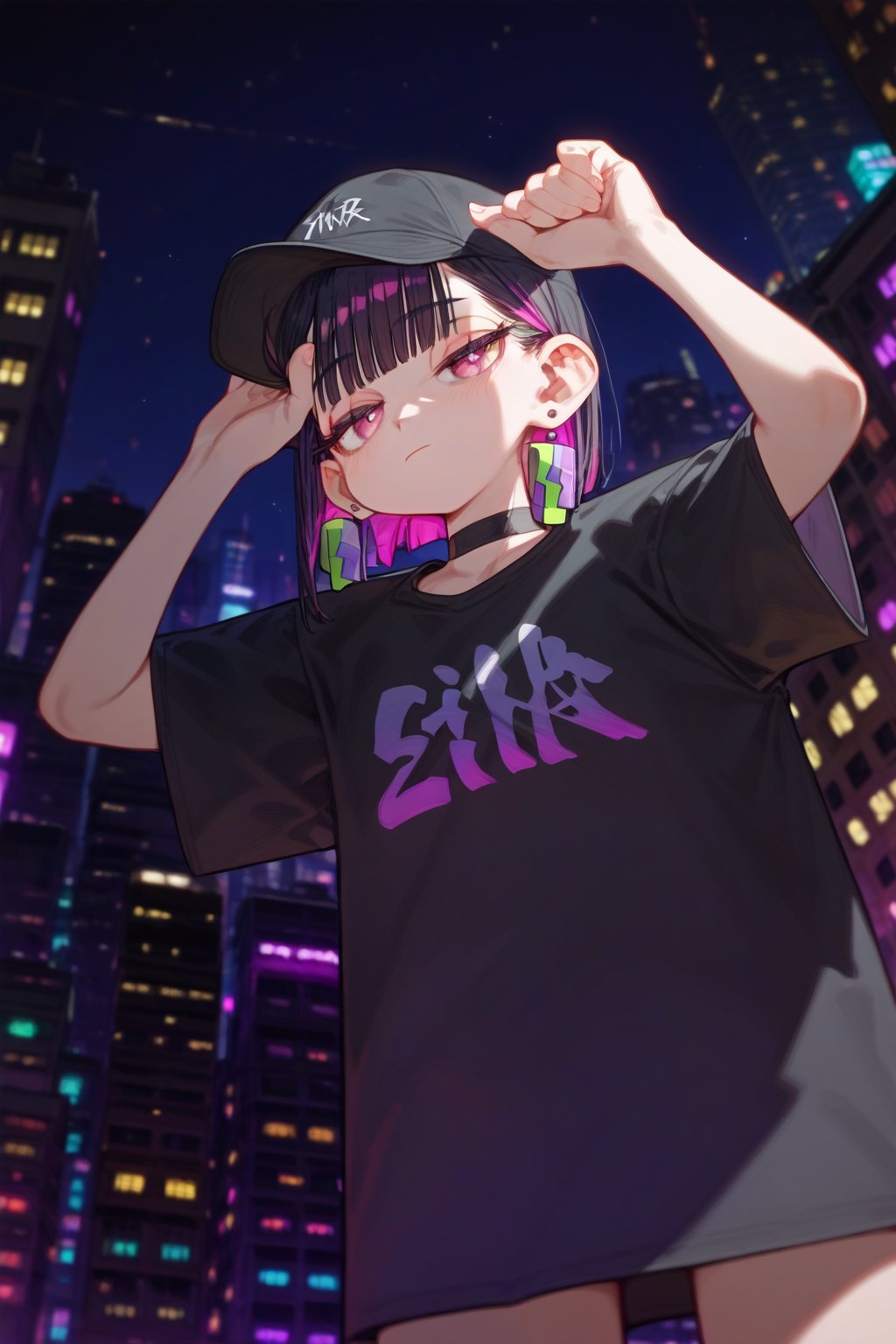 score_9_up,score_8_up, source_anime, solo,1girl, dutch angle,night,city,short hair, blunt bangs, black hair, closed mouth, pink eyes, purple hair, multicolored hair, two-tone hair,half closed eyes, cowboy_shot ,Nira-Chan-StudyMe,shirt, short sleeves, grey_shirt, choker,earring,baseball cap,black_cap,from_below