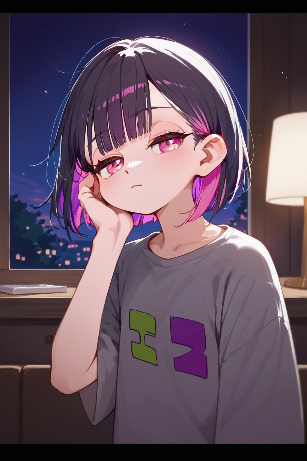 score_9_up,score_8_up, source_anime, (solo),1girl,night,room,

 ,short hair, blunt bangs, black hair, closed mouth, pink eyes, purple hair, multicolored hair, two-tone hair,half closed eyes,

,Nira-Chan-StudyMe,