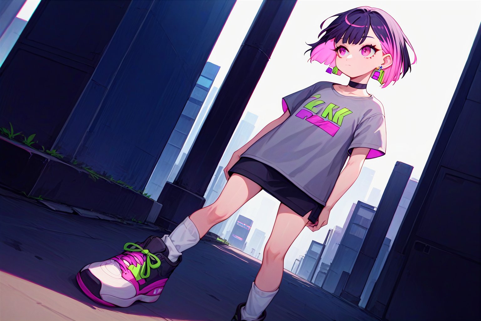 score_9_up,score_8_up, source_anime, (solo),1girl, vanishing point,atmospheric perspective, dutch angle,three quarter view,full_body,tokyo,

 ,short hair, bangs, shirt, black hair, jewelry, closed mouth, standing, purple eyes, pink hair, purple hair, short sleeves, multicolored hair, earrings, shoes, choker, socks, pink eyes, black footwear, two-tone hair, white socks, sneakers, grey shirt,


,earrings,

,Nira-Chan-StudyMe,