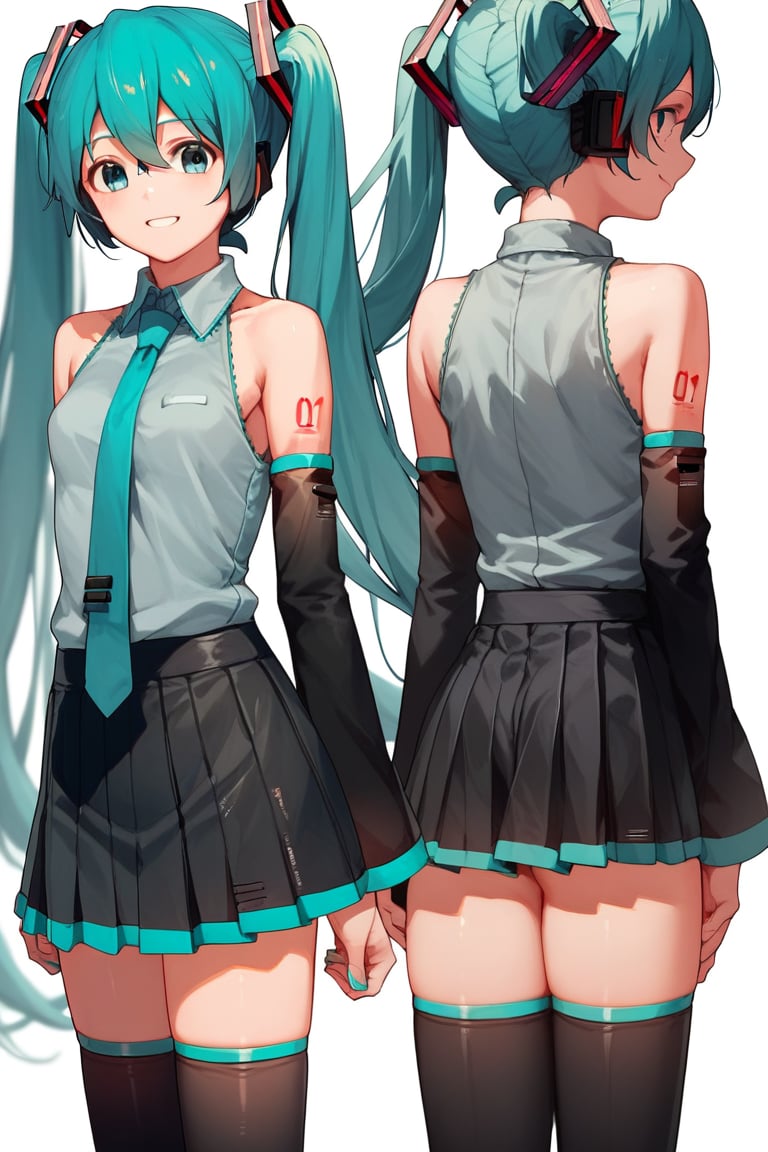 score_9, score_8_up, score_7_up, score_6_up, score_5_up, score_4_up,  multiple views, dual persona, 
hatsune miku, blue twintails, hair ornament, sleeveless shirt, tie, black skirt, thighhighs, detached sleeves, smiling, standing, simple background,