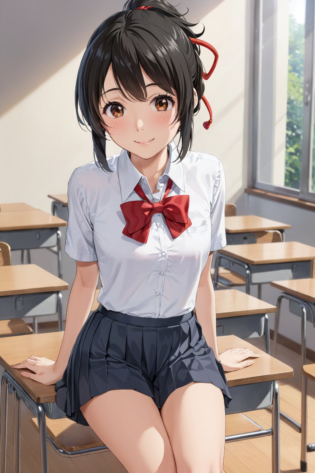 smile ,at school  , ( masterpiece , ultra Detailed  , ultra Detailed  Clothes     ) , 
mitsuhaai , 
miyamizu mitsuha, black hair, brown eyes, short hair, ribbon, hair ribbon, red ribbon, 
skirt, shirt, bow, school uniform, white shirt, ponytail, short sleeves, sidelocks, pleated skirt, collared shirt, bowtie, red bow, red bowtie;