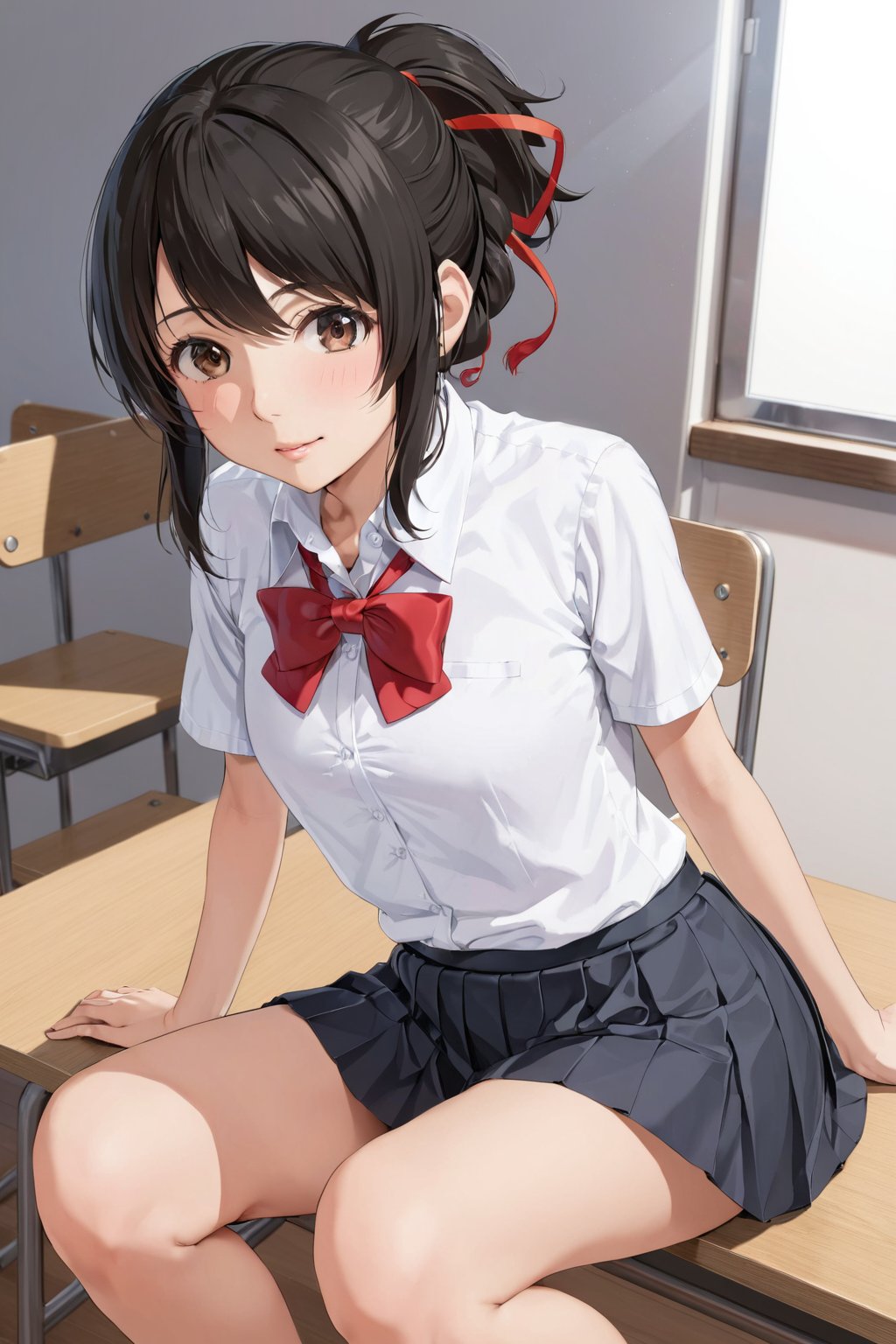 at school  , ( masterpiece , ultra Detailed  , ultra Detailed  Clothes     ) , 
mitsuhaai , 
miyamizu mitsuha, black hair, brown eyes, short hair, ribbon, hair ribbon, red ribbon, 
skirt, shirt, bow, school uniform, white shirt, ponytail, short sleeves, sidelocks, pleated skirt, collared shirt, bowtie, red bow, red bowtie;