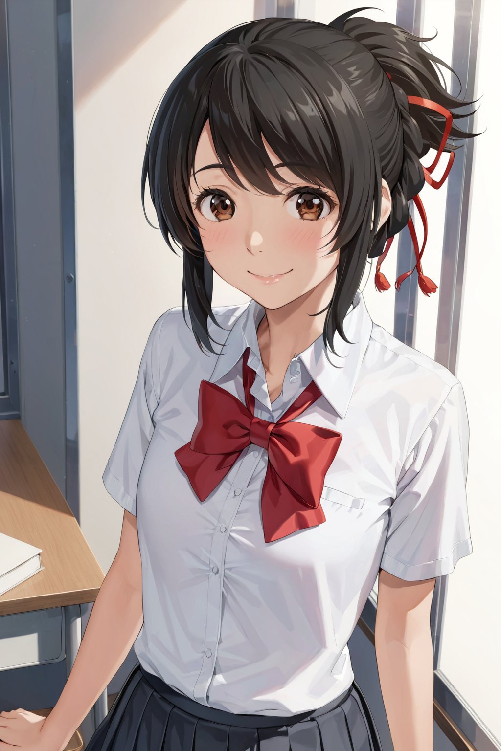 smile ,at school  , ( masterpiece , ultra Detailed  , ultra Detailed  Clothes     ) , 
mitsuhaai , 
miyamizu mitsuha, black hair, brown eyes, short hair, ribbon, hair ribbon, red ribbon, 
skirt, shirt, bow, school uniform, white shirt, ponytail, short sleeves, sidelocks, pleated skirt, collared shirt, bowtie, red bow, red bowtie;