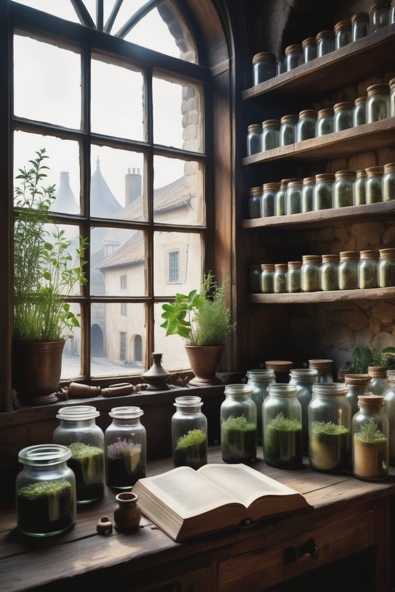 Inside an old apothecary's workshop. An open windows look out on a cobblestone street in an ancient city. Leather book. Jars. Herbs. Dusty. Musty. Fantasy style. Fantasy dreamlike art. Dreamy watercolor. Atmospheric, rustic, moody, misty, (dramatic shadows), insane details, (high quality), (ultra detail), (high resolution), (masterpiece), (complex and beautiful), (exquisitely beautiful), , cinematic, (gorgeous), insane details, 8K, UHD,,  (brilliant composition)