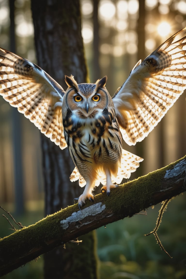 RAW photo, a owl on a branch in a clearing, wings spread, very sharp, cinematic lights, full body in frame, macro shot, dark shot, deep darks, in a clearing,, a gorgeous firest in background, very sharp, cinematic lights, full body in frame, macro shot, dark shot, deep darks, (muted highlights), deep of field, amazing natural lighting, intricate design, 32k, ultra hd, realistic, highly detailed, best quality, cinematic lighting, photorealistic, hyperrealistic, high definition, extremely detailed, insane details (finely detailed beautiful eyes and detailed face), (brilliant composition),
