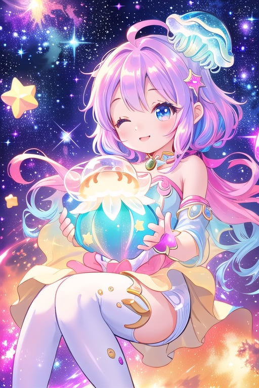 Here's a prompt for this panel:

In a whimsical zero-gravity scene, our chibi space explorer floats playfully amidst radiant cosmic dust, surrounded by vibrant galaxies and sparkling stars. Her big, shimmering eyes sparkle with wonder as she cradles a glowing celestial jellyfish in her arms. The friendly creature's cute smile matches hers, forming a delightful connection between the two. Cosmic suit patterns shine on her whimsical attire, adding to the magical atmosphere. Framed by swirling nebulae and starlight, this moment captures her curious spirit and playful nature.
