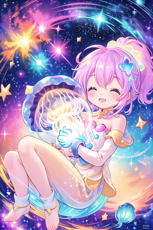 Here's a prompt for this panel:

In a whimsical zero-gravity scene, our chibi space explorer floats playfully amidst radiant cosmic dust, surrounded by vibrant galaxies and sparkling stars. Her big, shimmering eyes sparkle with wonder as she cradles a glowing celestial jellyfish in her arms. The friendly creature's cute smile matches hers, forming a delightful connection between the two. Cosmic suit patterns shine on her whimsical attire, adding to the magical atmosphere. Framed by swirling nebulae and starlight, this moment captures her curious spirit and playful nature.