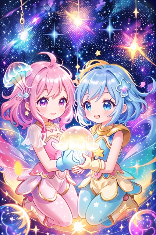 Here's a prompt for this panel:

In a whimsical zero-gravity scene, our chibi space explorer floats playfully amidst radiant cosmic dust, surrounded by vibrant galaxies and sparkling stars. Her big, shimmering eyes sparkle with wonder as she cradles a glowing celestial jellyfish in her arms. The friendly creature's cute smile matches hers, forming a delightful connection between the two. Cosmic suit patterns shine on her whimsical attire, adding to the magical atmosphere. Framed by swirling nebulae and starlight, this moment captures her curious spirit and playful nature.