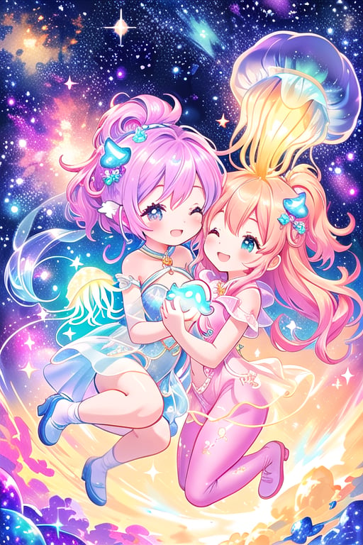 Here's a prompt for this panel:

In a whimsical zero-gravity scene, our chibi space explorer floats playfully amidst radiant cosmic dust, surrounded by vibrant galaxies and sparkling stars. Her big, shimmering eyes sparkle with wonder as she cradles a glowing celestial jellyfish in her arms. The friendly creature's cute smile matches hers, forming a delightful connection between the two. Cosmic suit patterns shine on her whimsical attire, adding to the magical atmosphere. Framed by swirling nebulae and starlight, this moment captures her curious spirit and playful nature.