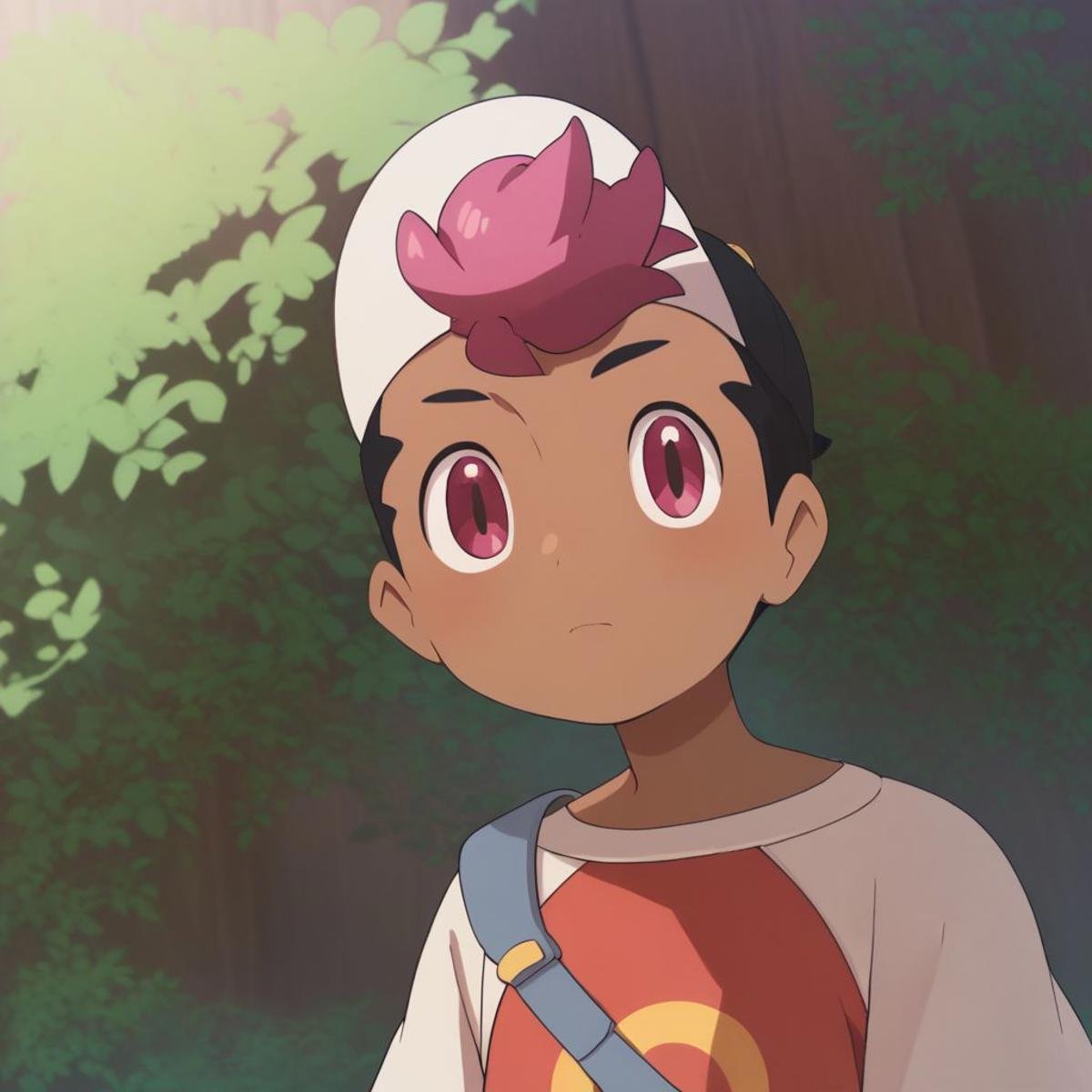 ((score_9, score_8_up, score_7_up)), 1boy, solo, (roy_anipoke:1.25), two-tone hair, duotone hair, (very short hair), black and pink hair, dark skin, pink eyes, red and white shirt, dark brown short, cute, toddler, young, day, forest, baseball cap, looking at viewer, (bold borderlines, best quality borderlines, high quality borderlines:1.3), high quality, best quality, masterpiece