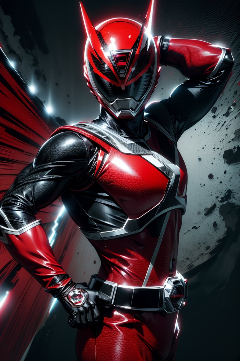 1man, solo, super sentai, red color, black color, action_pose, dynamic pose, tokusatsu, (8K, ultra-detailed, masterpiece, best quality, detailed, highly detailed, sharp focus) , (medium shot:1.3), (wide angle), (look at viewer:1.3),More Detail, dekaranger