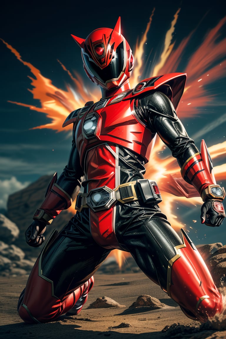 1man, solo, super sentai, red color, black color, action_pose, dynamic pose, tokusatsu, (8K, ultra-detailed, masterpiece, best quality, detailed, highly detailed, sharp focus) , (medium shot:1.3), (wide angle), (look at viewer:1.3),More Detail, dekaranger