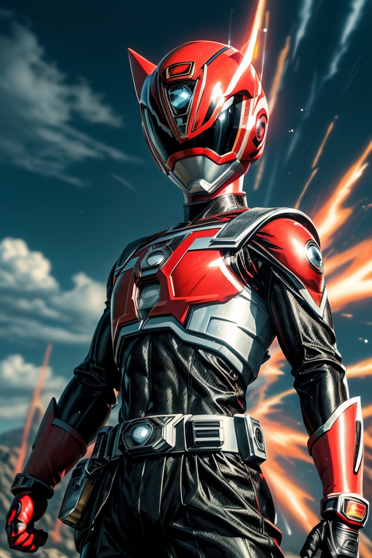 1man, solo, super sentai, red color, black color, action_pose, dynamic pose, tokusatsu, (8K, ultra-detailed, masterpiece, best quality, detailed, highly detailed, sharp focus) , (medium shot:1.3), (wide angle), (look at viewer:1.3),More Detail, dekaranger