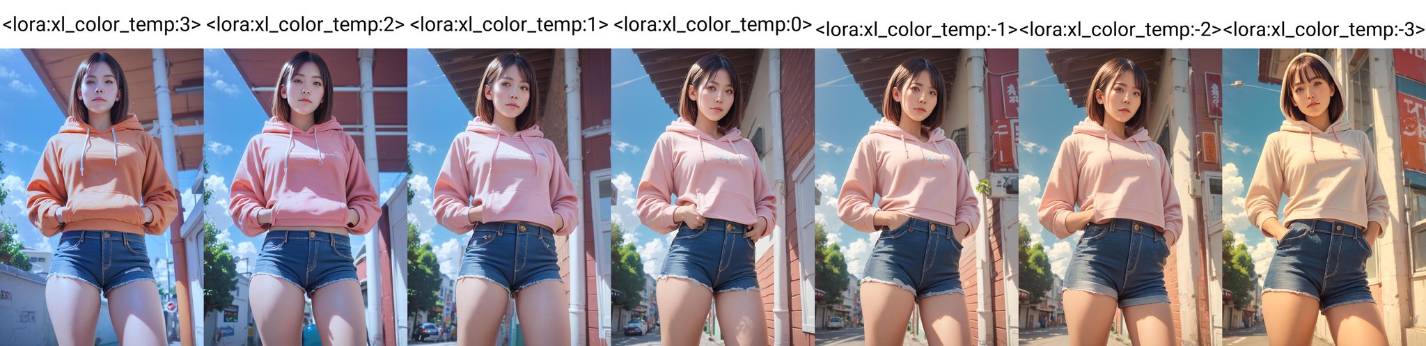 score_9_up score_8_up score_7_up, 1girl, hoodie, denim shorts, hands in pockets, blue sky, cloudy sky, street, realistic<lora:xl_color_temp:3>