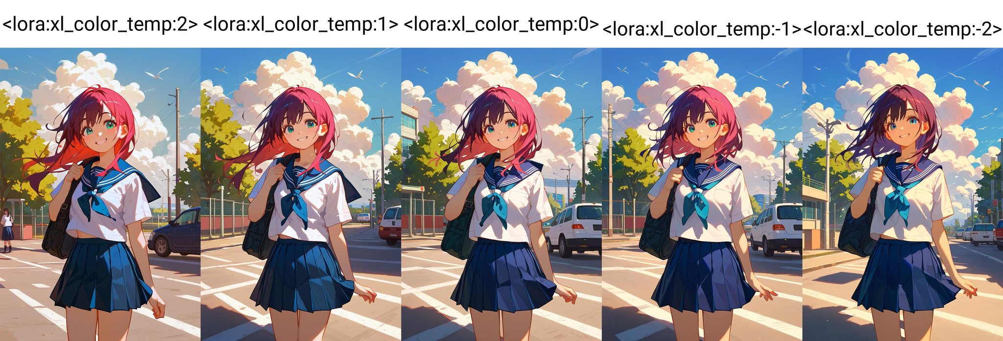 score_9_up score_8_up score_7_up, 1girl, serafuku, school uniform, pleated skirt, smile, blue sky, cloudy sky, street<lora:xl_color_temp:2>