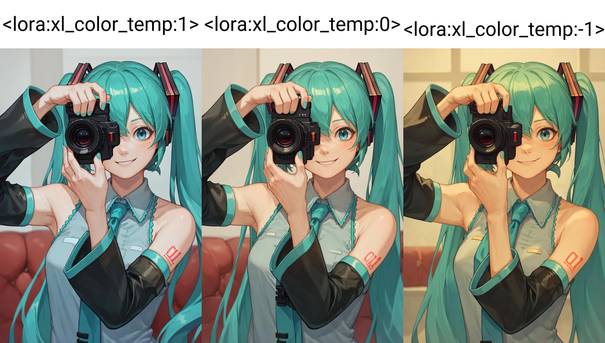 score_9_up score_8_up score_7_up, 1girl, holding camera, hatsune miku, light smile, detached sleeves<lora:holding_camera2_d16:1><lora:xl_color_temp:1>