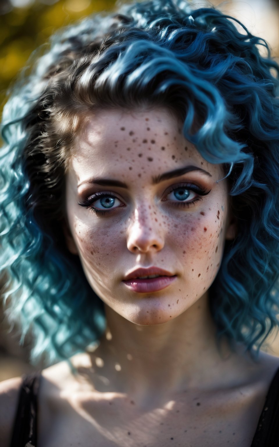 (best quality, 4k, 8k, highres, masterpiece:1.2), ultra-detailed, (realistic, photorealistic, photo-realistic:1.37), blue messy hair, light blue eyes, freckles, women, portrait, cinematic, bokeh, soft lighting, ethereal atmosphere, dreamy expressions, dynamic composition, textured background, vivid colors, subtle smile, graceful pose, professional, artistic, portrait photography