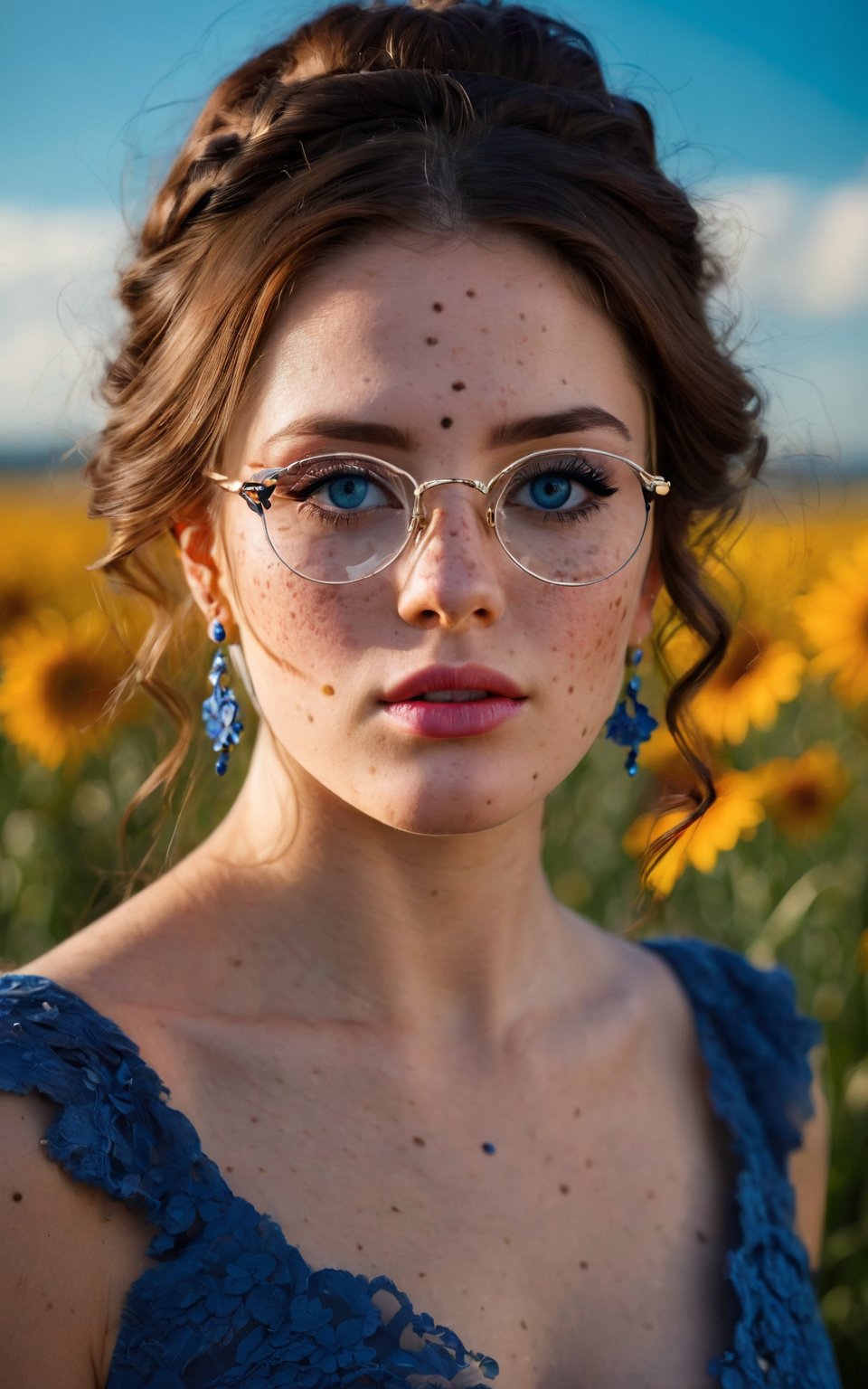 (best quality, highres, masterpiece:1.2), ultra-detailed, (realistic, photorealistic, photo-realistic:1.37), 1girl, intricate eyes, longeyelashes, beautiful detailed eyes, beautiful detailed lips, blue dress, happy, freckles, hair flower, earrings, glasses, flower field, blue sky, sunset, Cinematic light