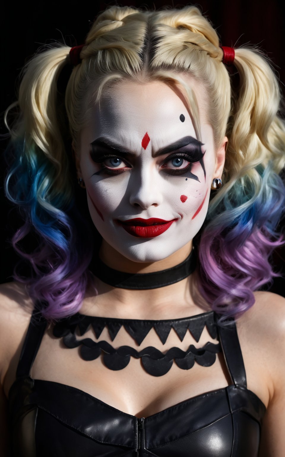 (best quality,4k,8k,highres,masterpiece:1.2),ultra-detailed,(realistic,photorealistic,photo-realistic:1.37),Harley Quinn,Margot Robbie,creepy makeup,portrait,high contrast,deep shadows,vivid colors,expressive eyes,detailed facial features,evil smile,colorful hair,gritty texture,dark background,cinematic lighting,comic book style,gothic elements,haunting atmosphere,sharp focus,smudged lipstick,crazy personality