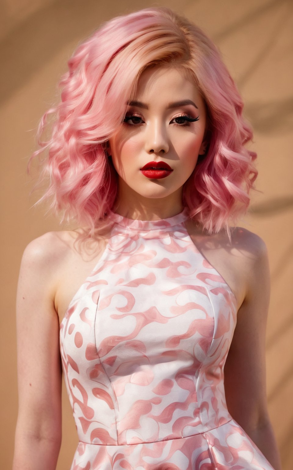 (best quality,4k,8k,highres,masterpiece:1.2),ultra-detailed, A photograph a woman with pink hair wearing beautiful mini dress with over-the-knee boots, pale beautiful skin, porcelain highlighted skin, uniquely beautiful, with soft red cheeks and warm expression, shoulder-length blonde hair, inspired by Victor Wang, bubblegum tones, incredibly detailed, ethereal skin, in Photographic style, macro lens, ultra high resolution, soft studio lighting.