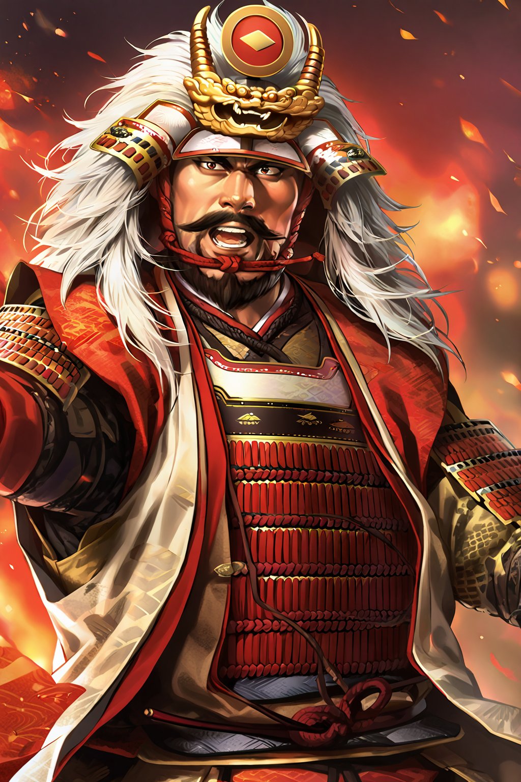 takeda shingen, samurai, 1man, japanese, young man, samurai armor, samurai helmet, facial hair, mustache, beard