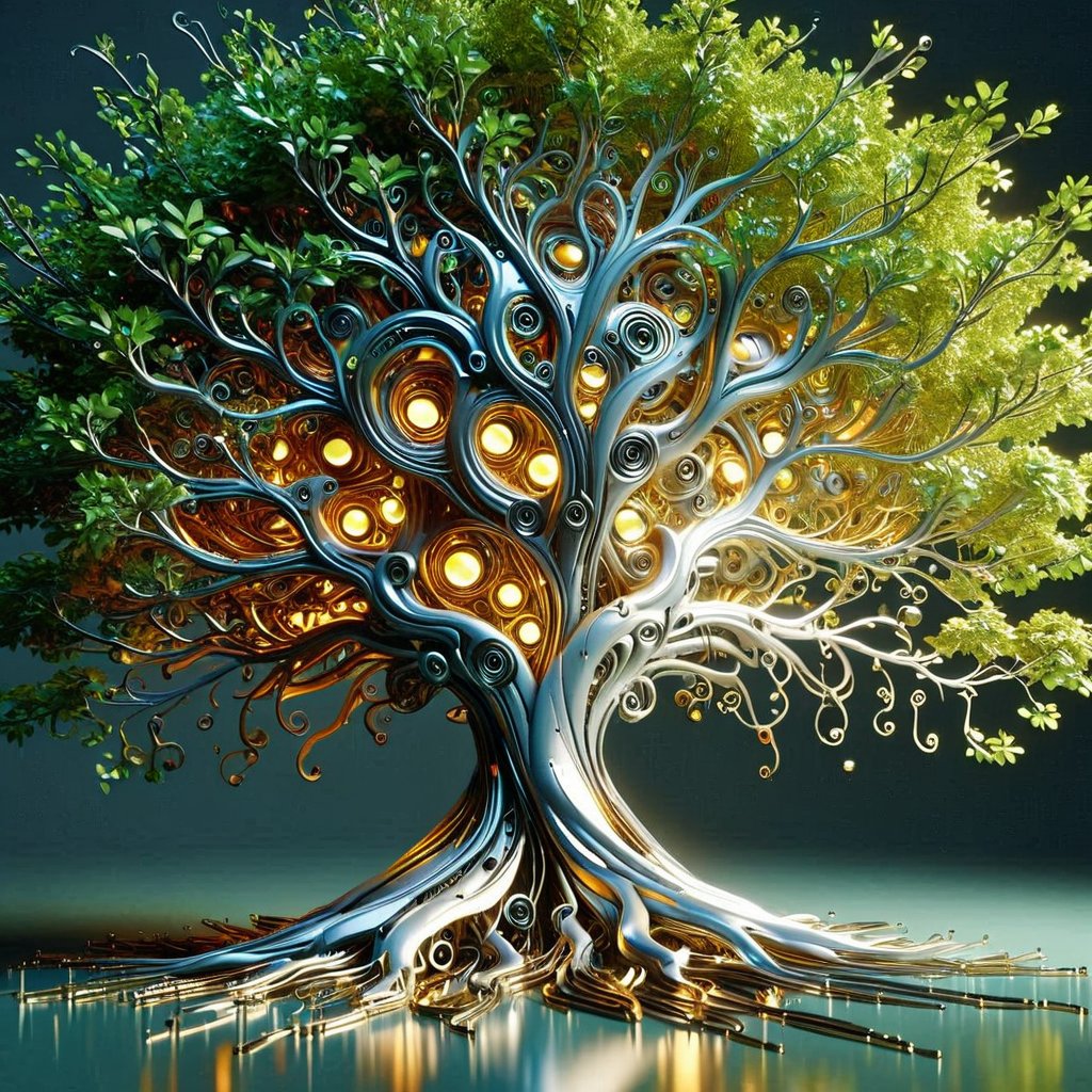 futuristic, metal adorning, glowing color inside, hollow inside, glossy,Ray tracing, 
tree,