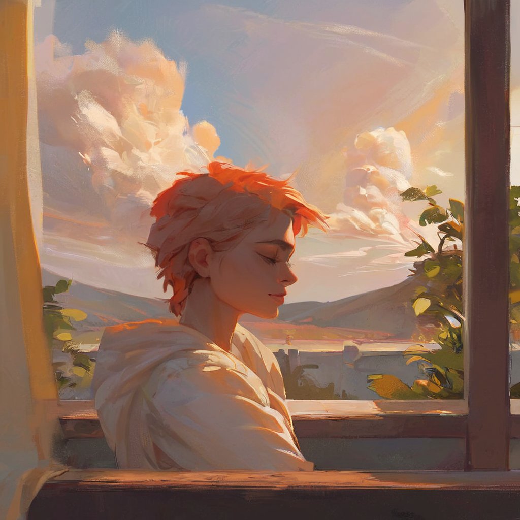 score_9, score_8_up, score_8_up, 1 girl, portrait, sitting by window, looking outside at the hills, sunrise, scattered clouds