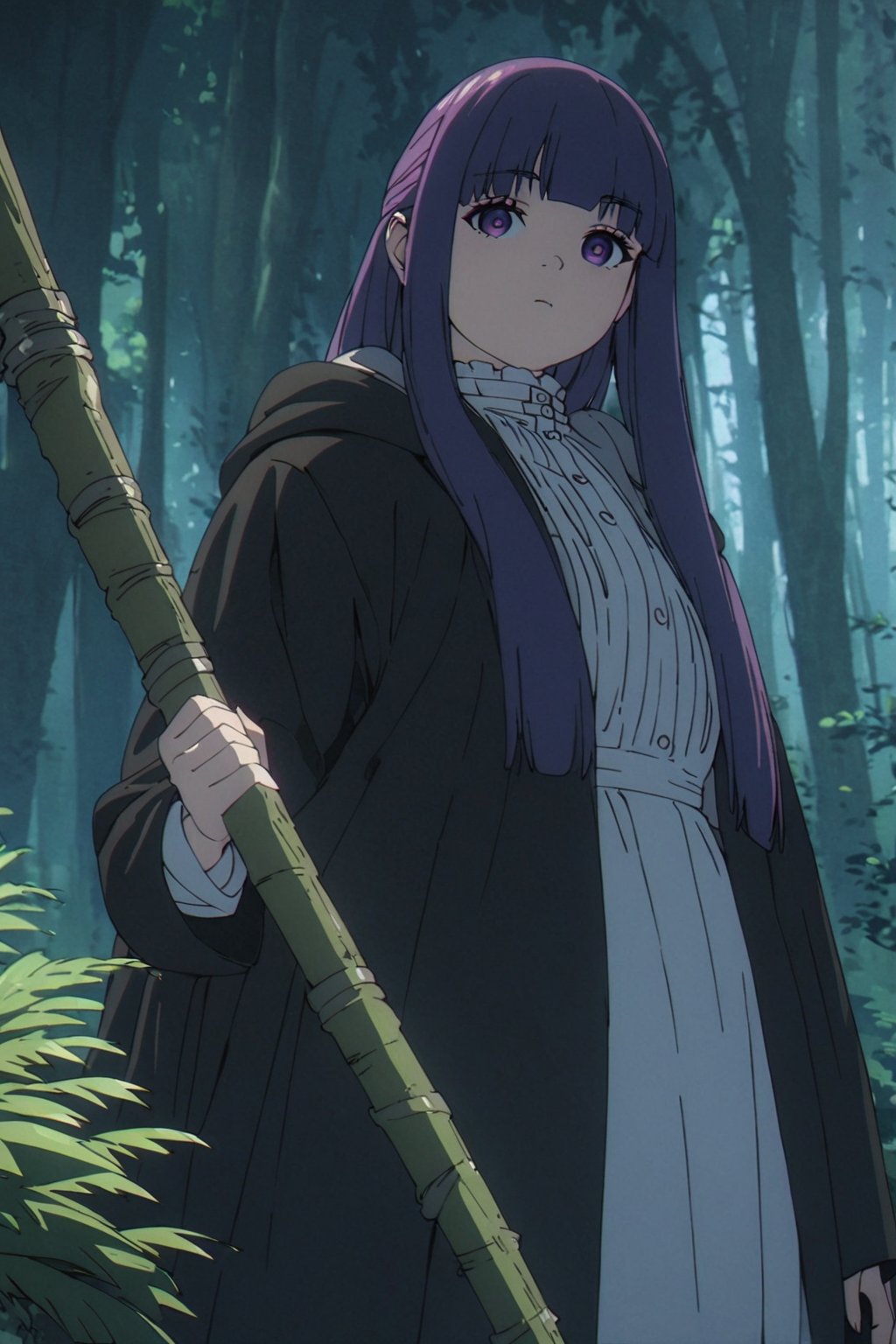 cowboy shot, fern_frieren, 1girl, fern-dress, holding staff, black cloak, forest,(high-quality, breathtaking, highres, ultra detailed), (perfect face)