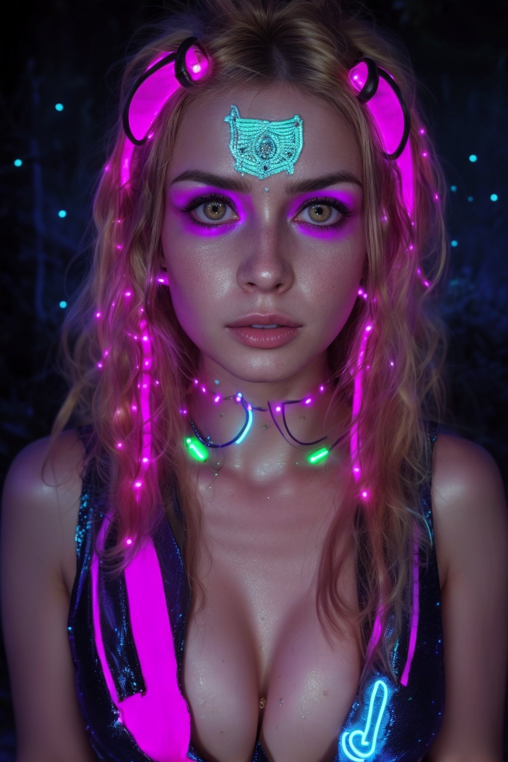 Portrait of a mystical fantasy bioluminescent neon woman. Glamorous fashionable lady. Glowing 
skin spot,  Glowing color,Glowing dots on face, neon lines on face, glowing multiple colour on eyeballs,25 year old girl ,25yo girl,Bio Glowin neon line and dots on skin 