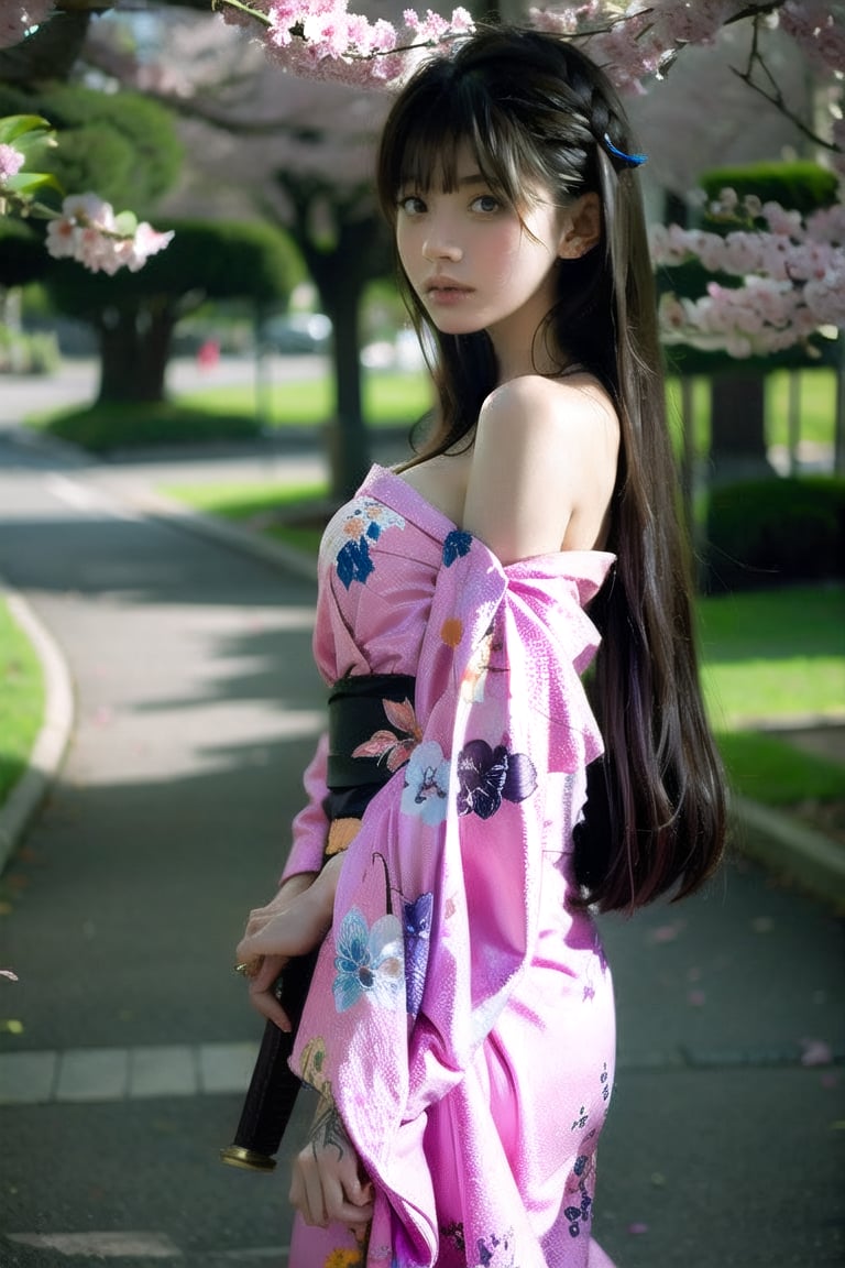 Cherry blossoms,1girl, solo, long hair, black hair, hair ornament, holding, jewelry, full body, weapon, earrings,pink japanese clothes, , kimono, off shoulder, holding weapon, from side, tattoo, holding sword, katana, sheath, sheathed, arm tattoo, black kimono,(WtR251san061, character_focus, sharp focus)