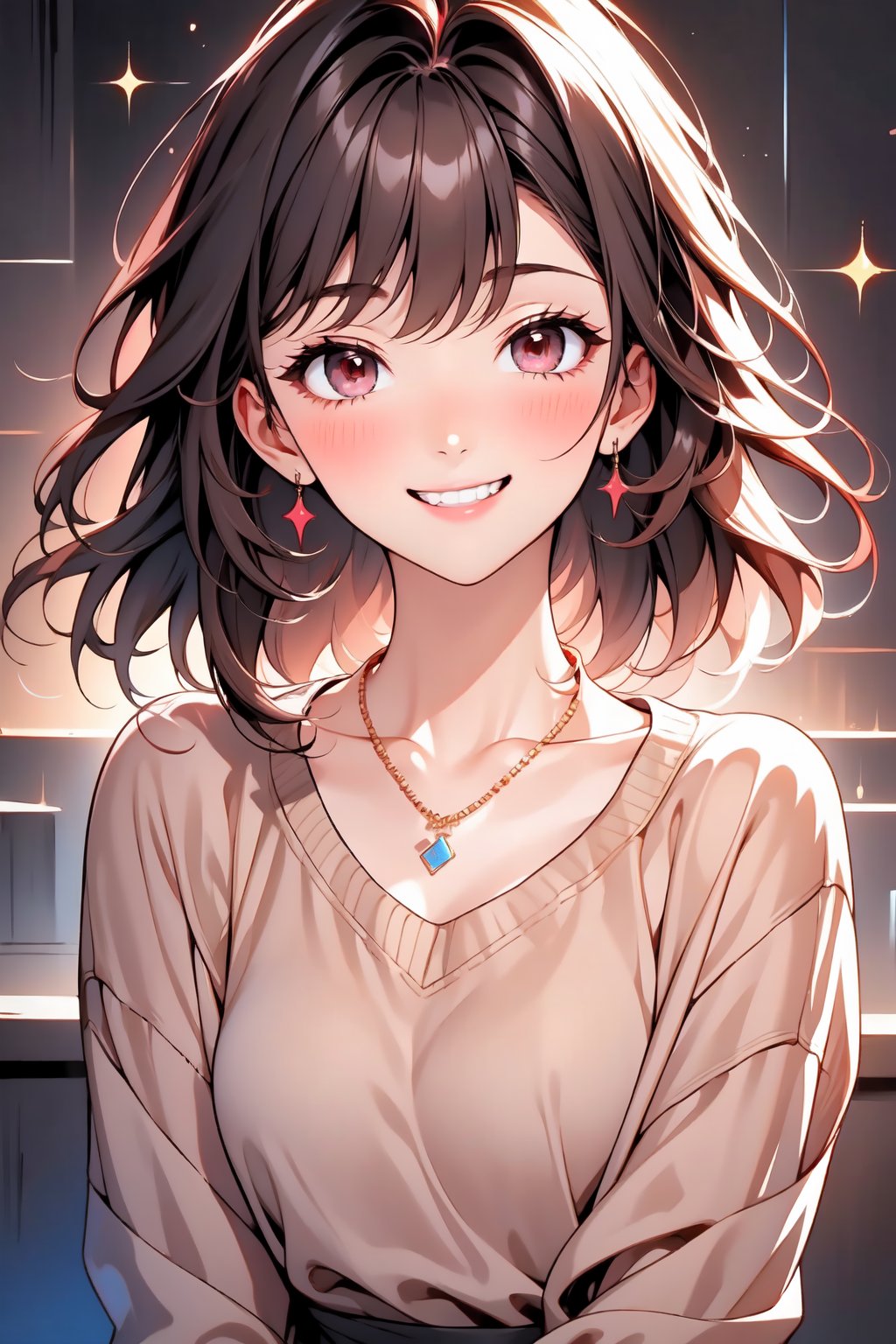 1girl, solo, looking at viewer, blush, smile, bangs, brown hair, shirt, black hair, long sleeves, brown eyes, jewelry, collarbone, medium shot, medium hair, necklace, grin, sweater, multicolored eyes