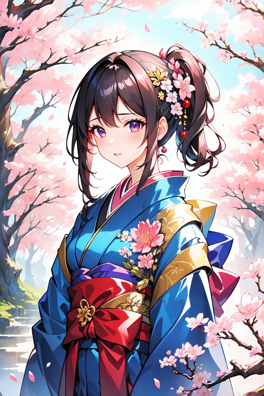 ((masterpiece: 1.2)), beautiful and aesthetic girl, ((1girl)), extreme detailed, highest detailed image, ((detailed eyes)), ((light particles)), upper body, kimono, jewelry, sexy, cherry blossom, cherry blossoms. Colors
