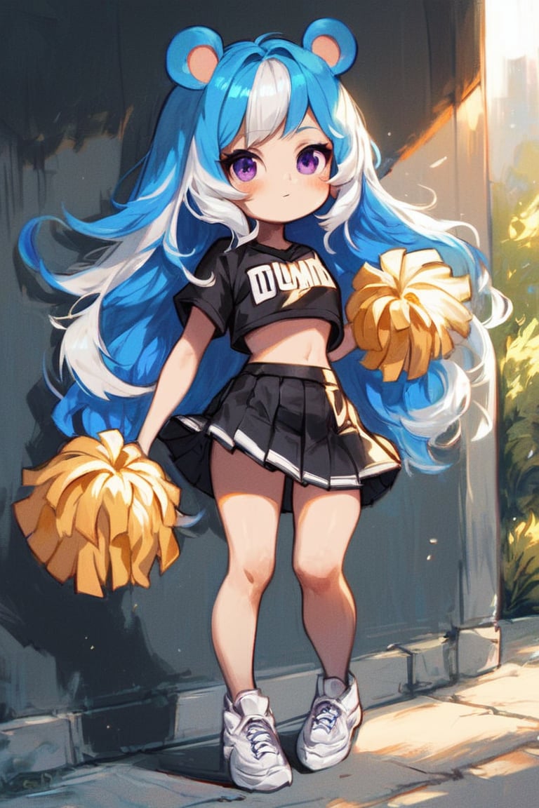 score_9,score_8_up,score_7_up,1girl, animal ears, black shirt, black skirt, blue hair, blush, cheerleader, chibi, crop top, holding, long hair, multicolored hair, pleated skirt, purple eyes, shirt, skirt, solo, two-tone hair, white footwear, white hair
,scenery,ClrSkt