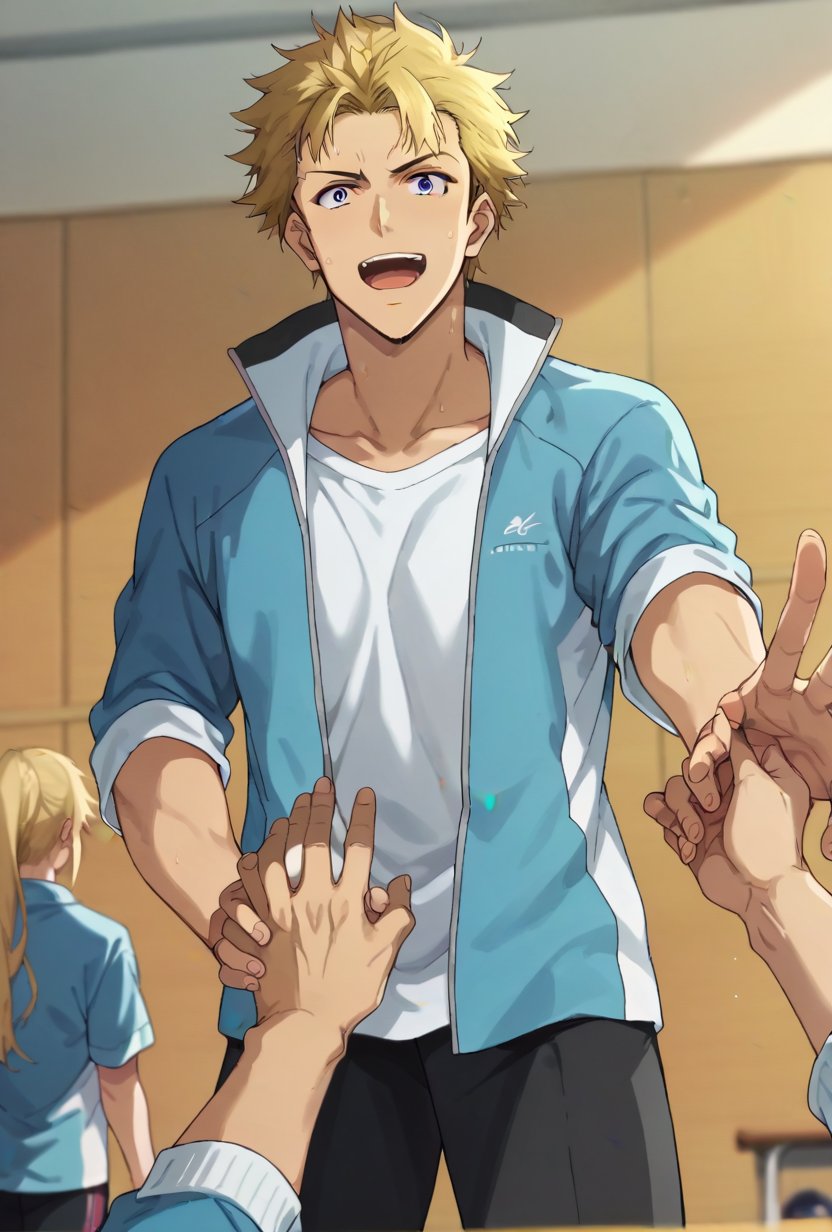 (score_9, score_8_up:1.1), score_7_up, 1boy, solo, blonde hair, blue jacket, white shirt, black pants, sportswear, excited holding hands, pov, from below, looking at viewer, school gym, indoors,towa herschel