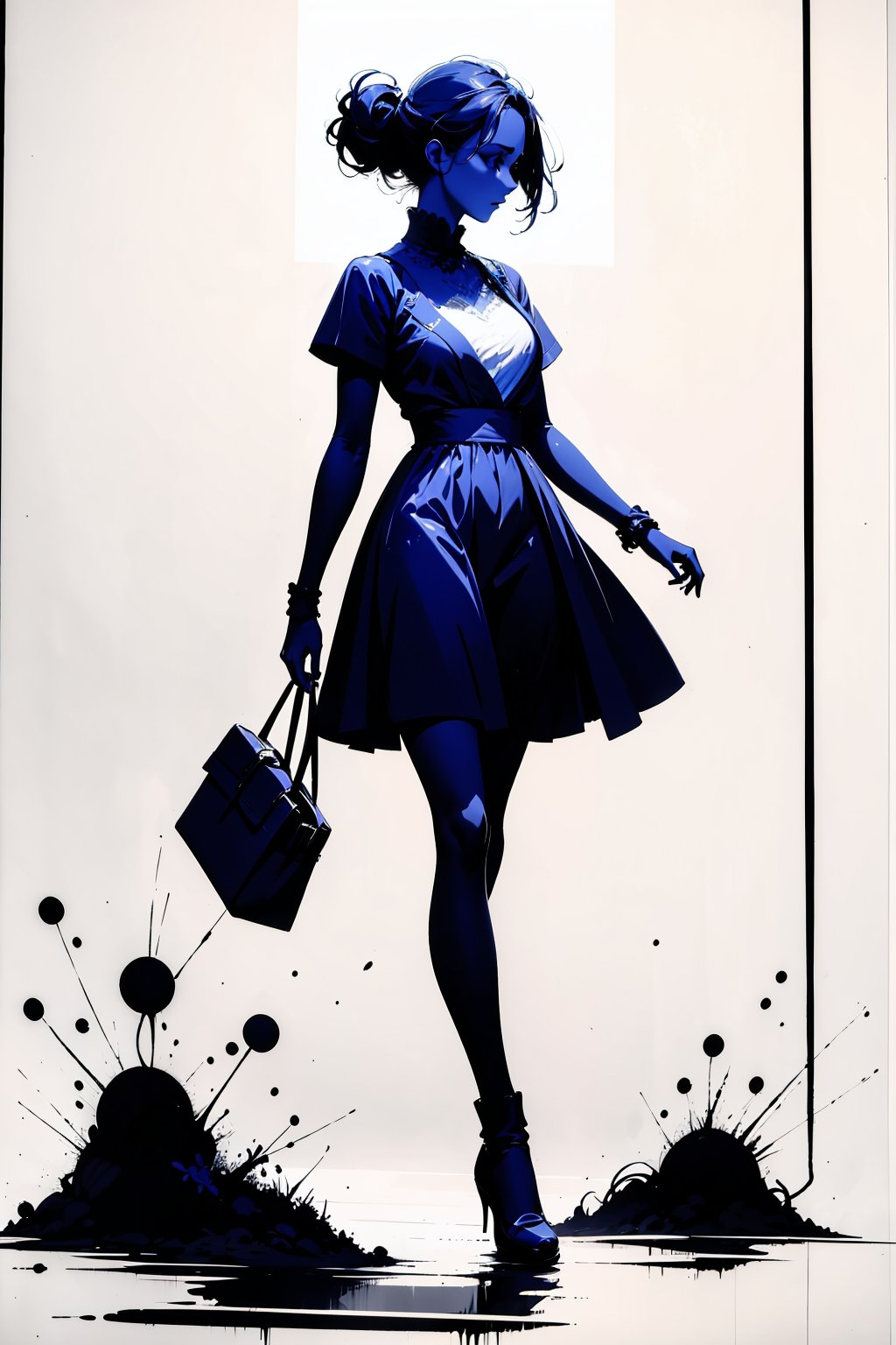 black silhouette depicting a beautiful and elegant woman walking alone, white image background, ink brush strokes, monochrome, INK art.,masterpiece
