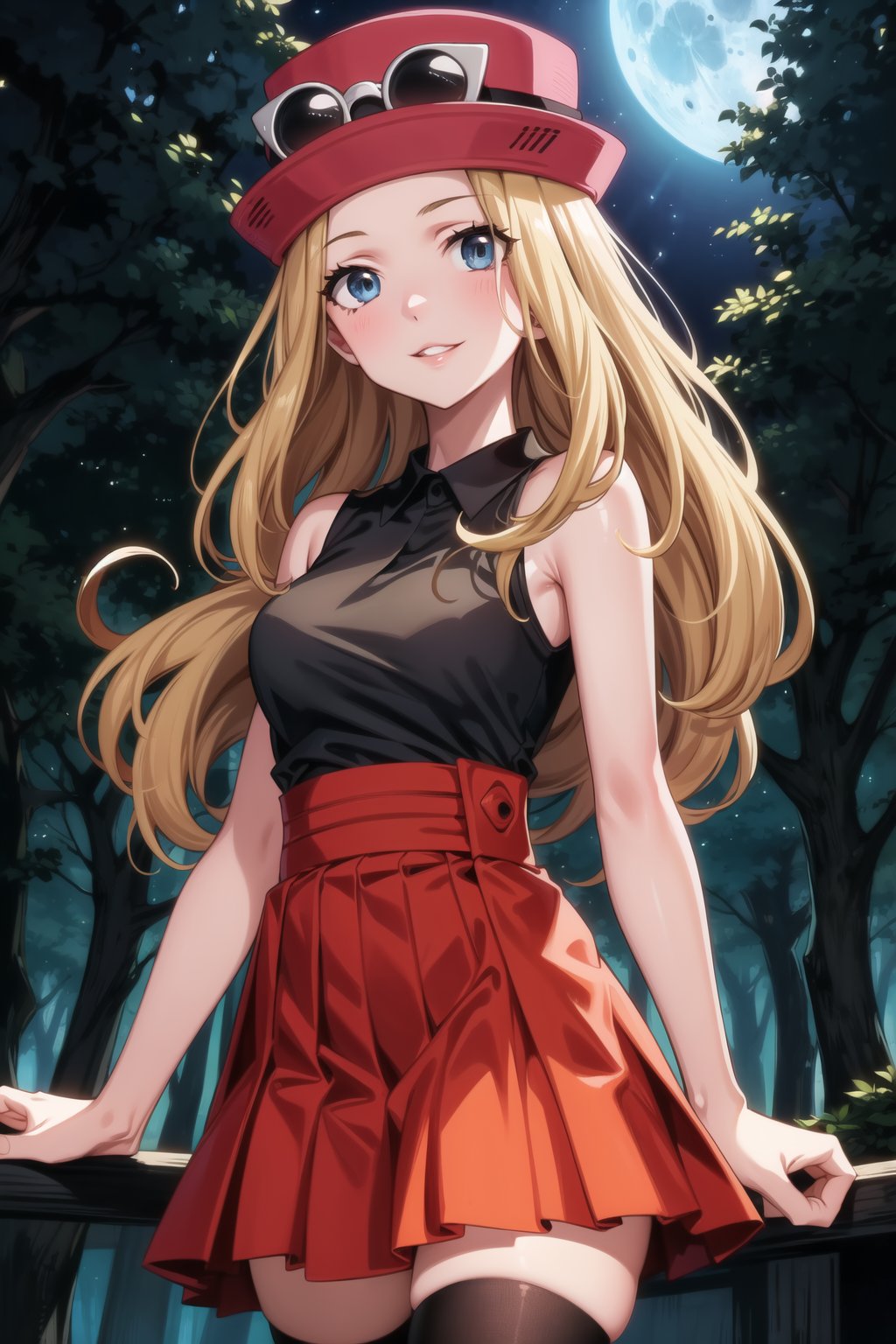 ((best quality)),  ((highly detailed)),  masterpiece,  ((official art)),  ((serena)), lips, smile, 1girl, solo, orange hair, serena, 1girl, solo, blue eyes, forehead, blonde hair, long hair, low-tied long hair, hat, pink headwear,sunglasses , 1girl, black shirt, collared shirt, sleeveless, red skirt, high-waist skirt, pleated skirt, black thighhighs,  locks illuminated by faint moonlight filtering through the dark forest canopy. Aiming for an unsettling atmosphere, her expressionless gaze pierces through the shadows as she sports parted lips.  frames her features beneath short blonde bangs, casting a silhouette against the dark trees.  glows softly in the moonlit ambiance. In slow motion,