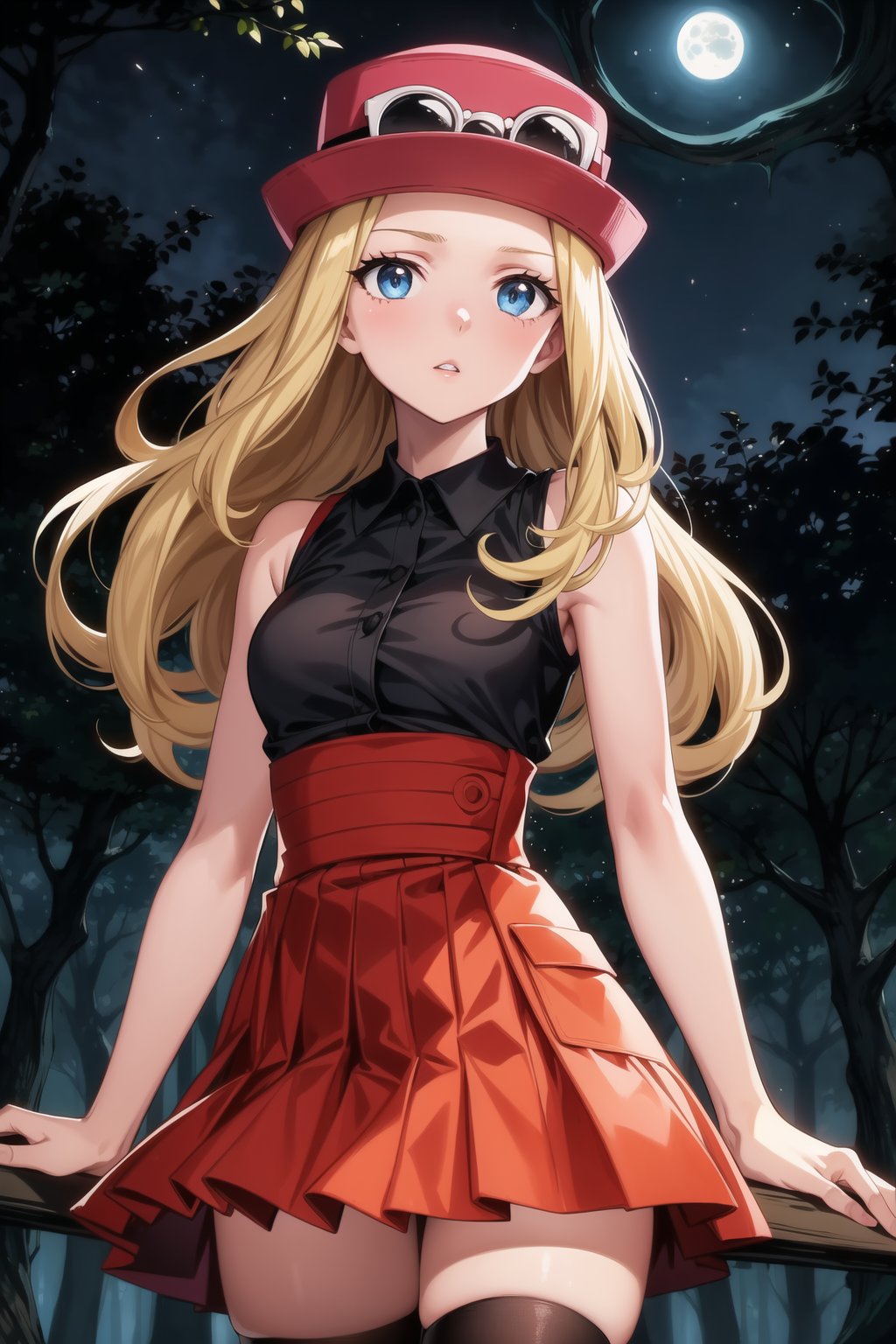 ((best quality)),  ((highly detailed)),  masterpiece,  ((official art)),  ((serena)), 1girl, solo, orange hair, serena, 1girl, solo, blue eyes, forehead, blonde hair, long hair, low-tied long hair, hat, pink headwear,sunglasses , 1girl, black shirt, collared shirt, sleeveless, red skirt, high-waist skirt, pleated skirt, black thighhighs,  locks illuminated by faint moonlight filtering through the dark forest canopy. Aiming for an unsettling atmosphere, her expressionless gaze pierces through the shadows as she sports parted lips.  frames her features beneath short blonde bangs, casting a silhouette against the dark trees.  glows softly in the moonlit ambiance. In slow motion,